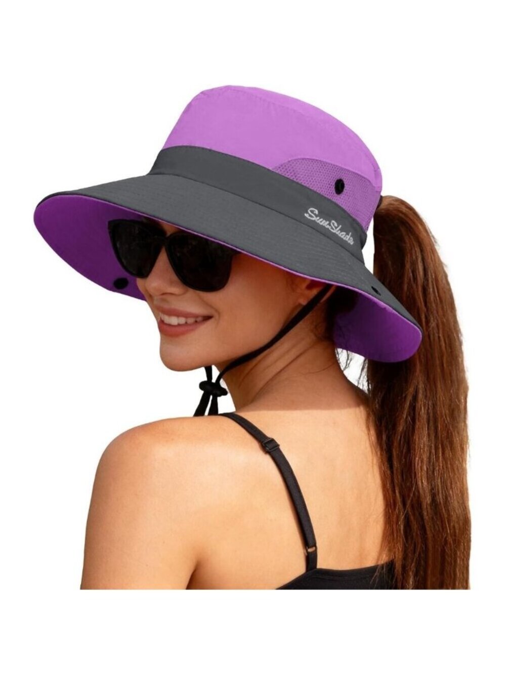 Womens Purple & Grey 100% Polyester Wide Brim Mesh Chin Strap Classic Cowboy Hat